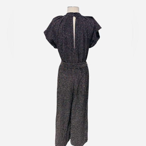 Nine West Black Metallic Sparkle Flutter Sleeve Belted Cropped Jumpsuit size M - Picture 7 of 9